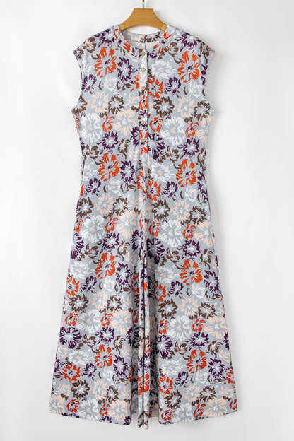 Floral Sleeveless Button Front Wide Leg Jumpsuit
