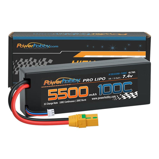 Powerhobby 2S 7.4V 5500MAH 100C Lipo Battery w XT90 Plug Hard Case