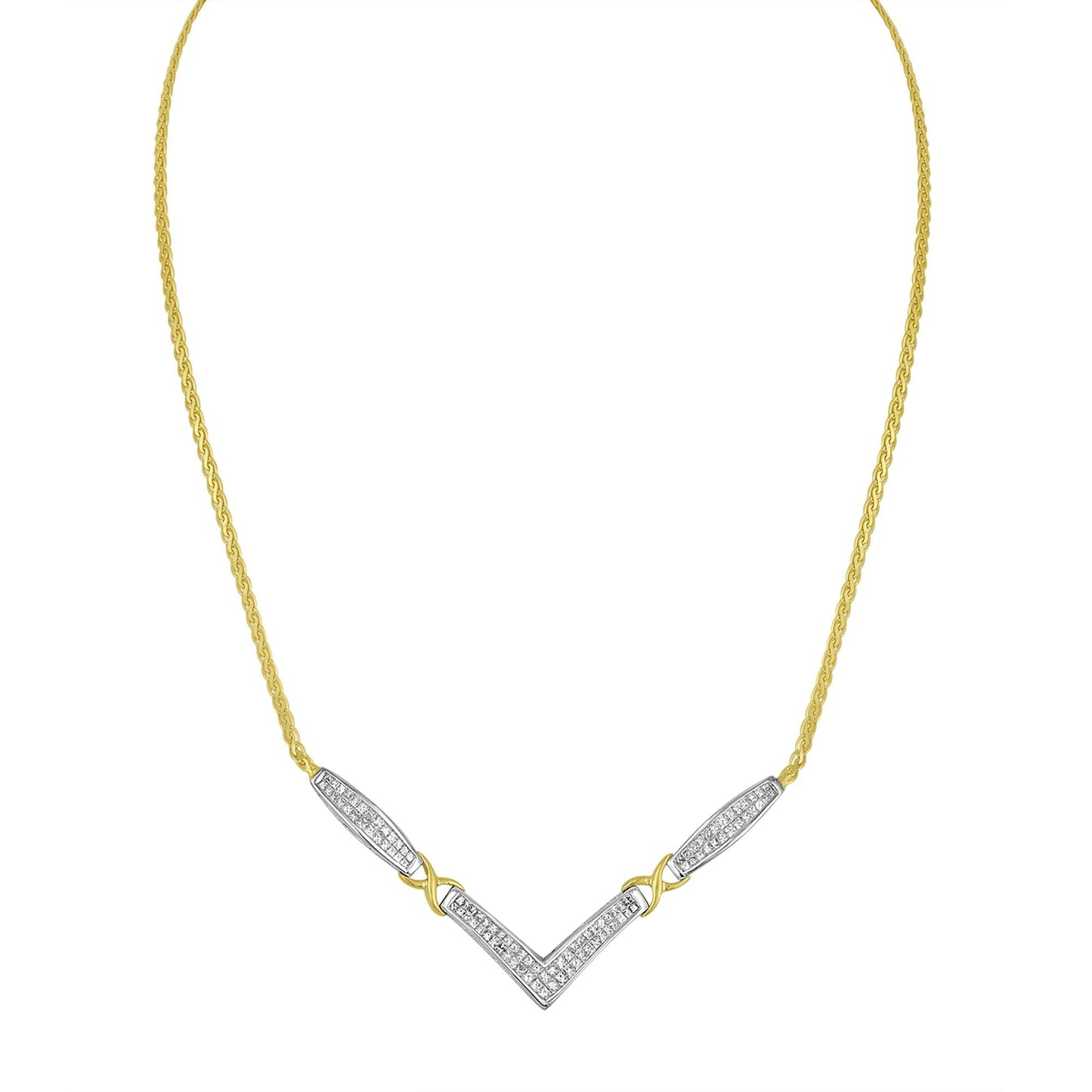 14K Yellow and White Gold 2.0 Cttw Princess Cut Diamond Flared and X-Station V Shaped 18” Franco Chain Statement Necklace (H-I Color, SI2-I1 Clarity) by Infinite Jewels
