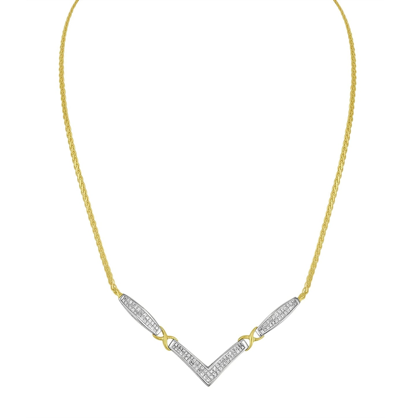 14K Yellow and White Gold 2.0 Cttw Princess Cut Diamond Flared and X-Station V Shaped 18” Franco Chain Statement Necklace (H-I Color, SI2-I1 Clarity) by Haus of Brilliance