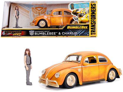 Volkswagen Beetle Weathered Yellow with Robot on Chassis and Charlie Diecast Figurine "Bumblebee" (2018) Movie ("Transformers" Series) "Hollywood Rides" Series 1/24 Diecast Model Car by Jada  free shipping USA