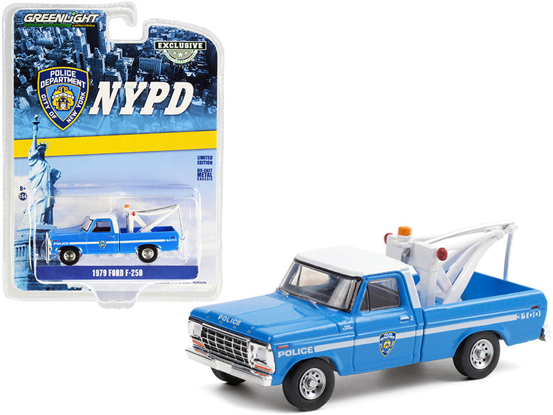 1979 Ford F-250 Tow Truck with Drop-In Tow Hook Blue with White Top "New York City Police Dept." (NYPD) "Hobby Exclusive" 1/64 Diecast Model Car by Greenlight  free shipping USA
