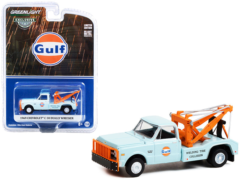 1969 Chevrolet C-30 Dually Wrecker Tow Truck "Gulf Oil" Light Blue "Welding Tire Collision" "Hobby Exclusive" 1/64 Diecast Model Car by Greenlight  free shipping USA