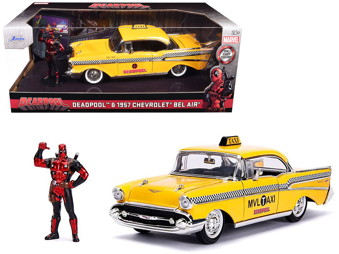 1957 Chevrolet Bel Air Taxi Yellow with Deadpool Diecast Figurine "Marvel" Series 1/24 Diecast Model Car by Jada  free shipping USA