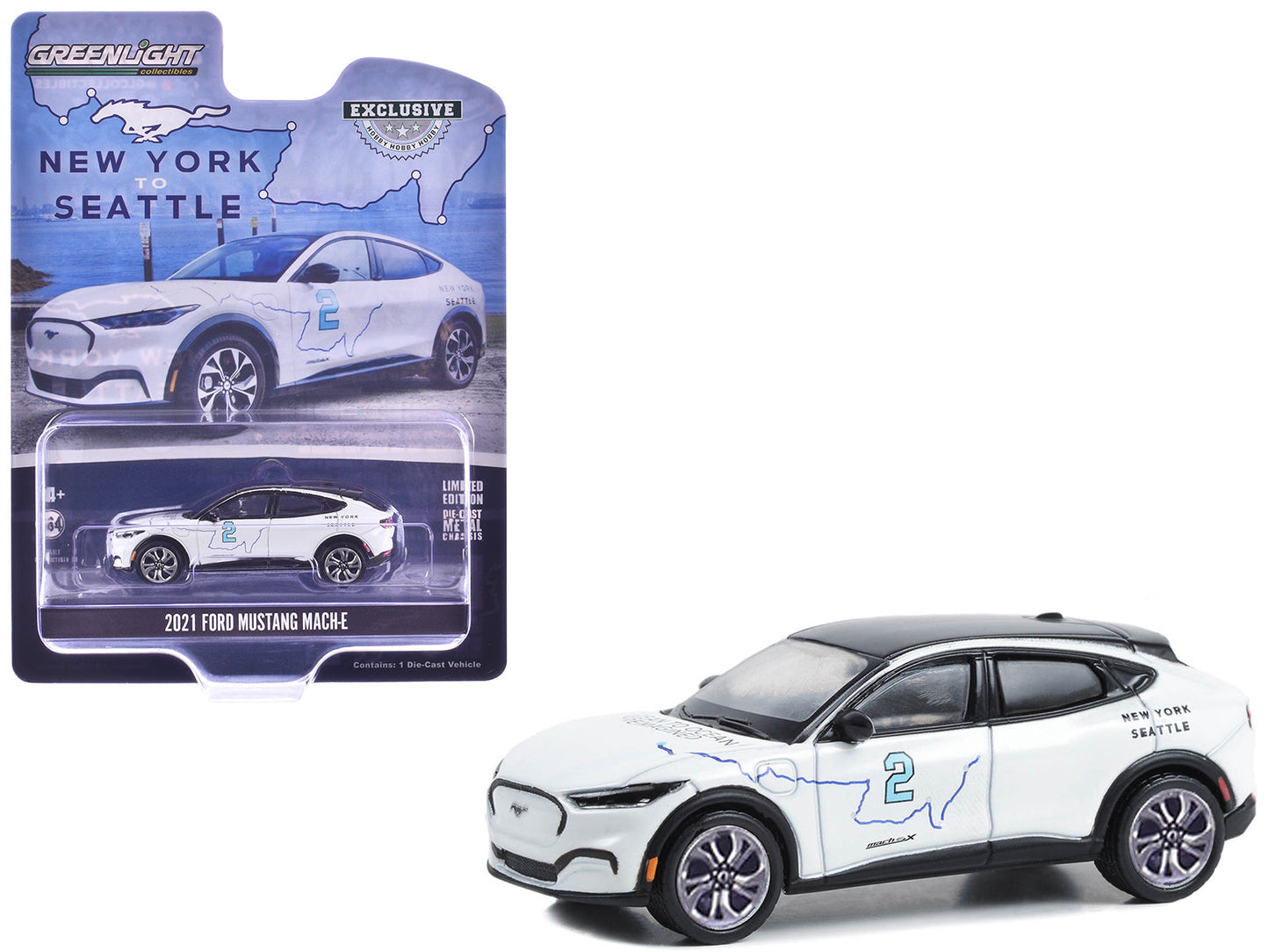 2021 Ford Mustang Mach-E #2 "New York to Seattle Transcontinental Tour" White with Black Top "Hobby Exclusive" Series 1/64 Diecast Model Car by Greenlight  free shipping USA