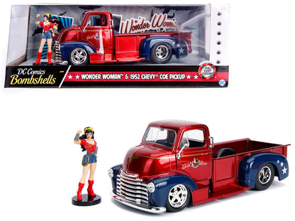1952 Chevrolet COE Pickup Truck Candy Red and Blue with Wonder Woman Diecast Figure "DC Comics Bombshells" Series "Hollywood Rides" 1/24 Diecast Model Car by Jada  free shipping USA