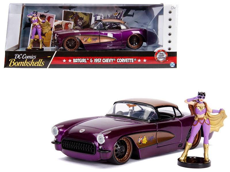 1957 Chevrolet Corvette Purple with Batgirl Diecast Figurine "DC Comics Bombshells" Series 1/24 Diecast Model Car by Jada  free shipping USA