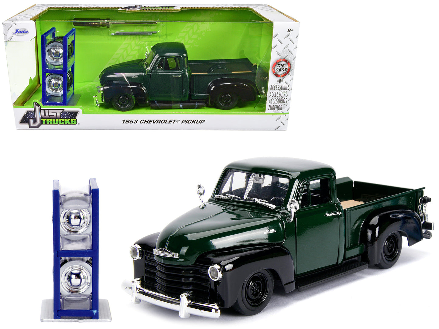 1953 Chevrolet 3100 Pickup Truck Green with Extra Wheels "Just Trucks" Series 1/24 Diecast Model Car by Jada  free shipping USA