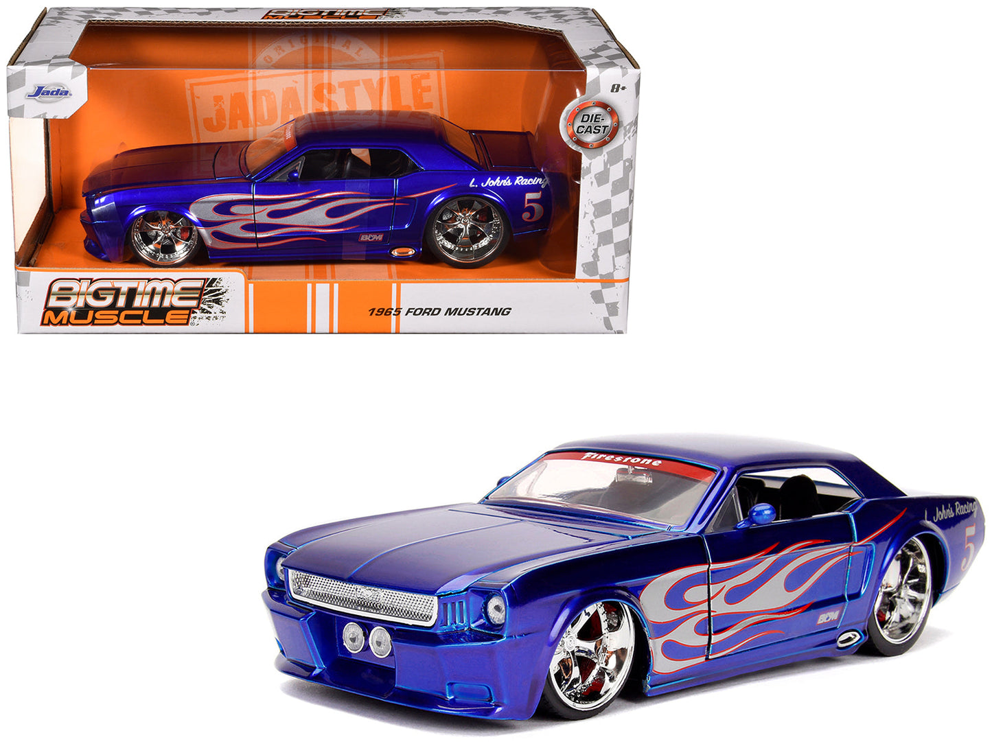 1965 Ford Mustang #5 "L. John's Racing" Candy Blue with Flame Graphics "Bigtime Muscle" Series 1/24 Diecast Model Car by Jada  free shipping USA