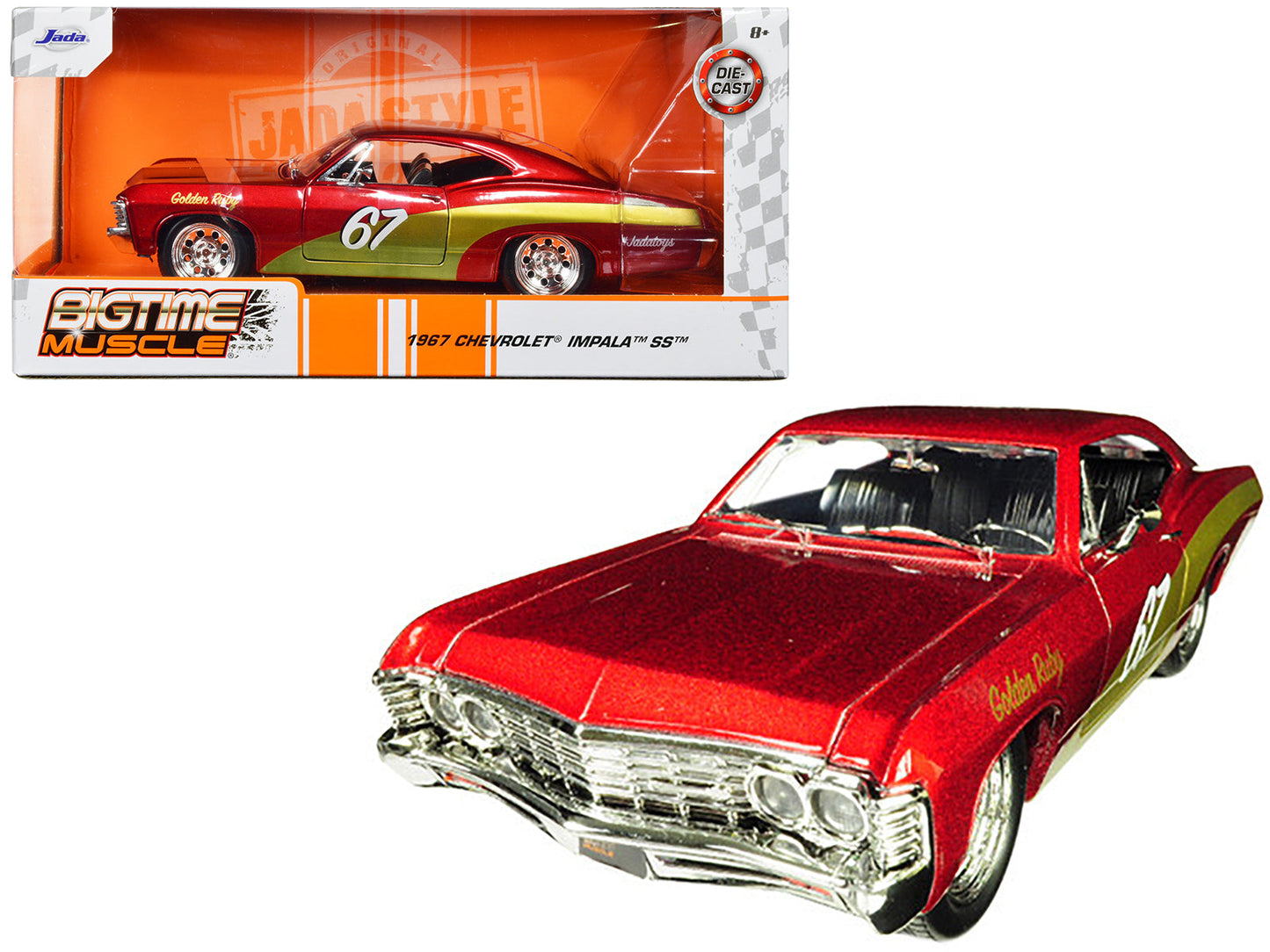 1967 Chevrolet Impala SS #67 "Golden Ruby" Red with Gold Stripes "Bigtime Muscle" 1/24 Diecast Model Car by Jada  free shipping USA
