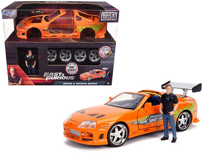 Model Kit Toyota Supra Metallic Orange with Brian Diecast Figure "Fast & Furious" Movie "Build N' Collect" 1/24 Diecast Model Car by Jada  free shipping USA