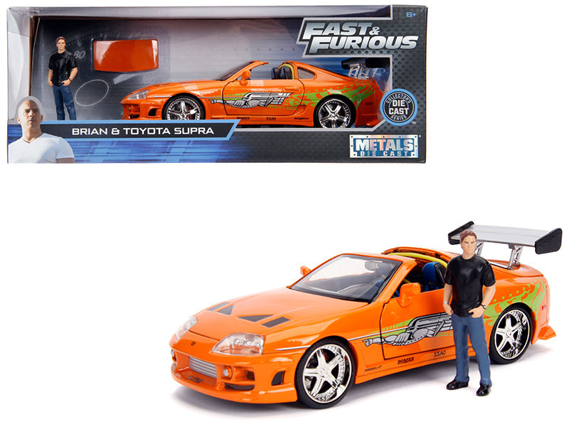 Toyota Supra Orange Metallic with Brian Diecast Figurine "Fast & Furious" Movie 1/24 Diecast Model Car by Jada  free shipping USA