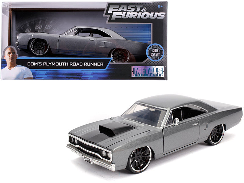 Dom's Plymouth Road Runner Gray Metallic with Black Hood Stripe "Fast & Furious" Movie 1/24 Diecast Model Car by Jada  free shipping USA