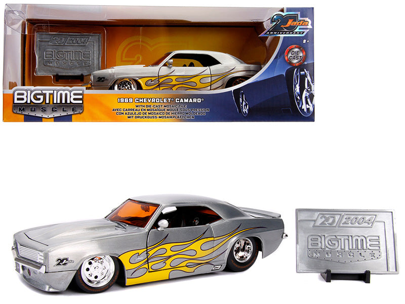 1969 Chevrolet Camaro Raw Metal with Yellow Flames "Bigtime Muscle" "Jada 20th Anniversary" 1/24 Diecast Model Car by Jada  free shipping USA