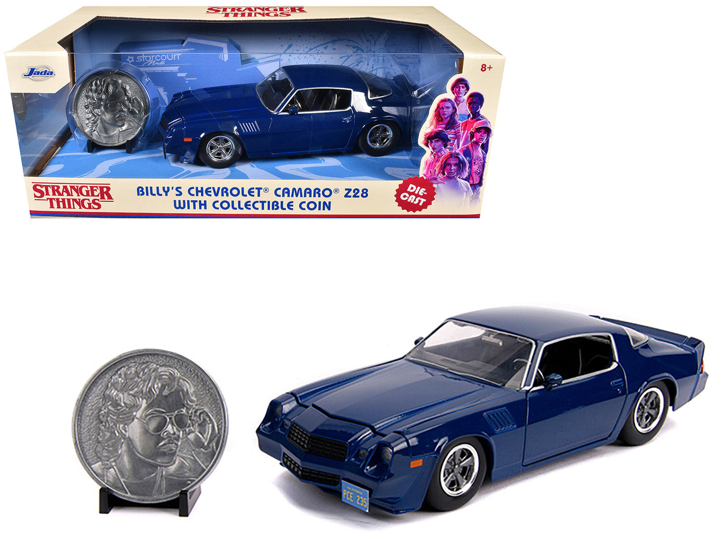 Billy's Chevrolet Camaro Z28 Dark Blue with Collectible Coin "Stranger Things" (2016) TV Series 1/24 Diecast Model Car by Jada  free shipping USA