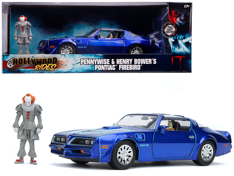 Henry Bower's Pontiac Firebird Trans Am Candy Blue with Pennywise Diecast Figurine "It Chapter Two" (2019) Movie 1/24 Diecast Model Car by Jada  free shipping USA