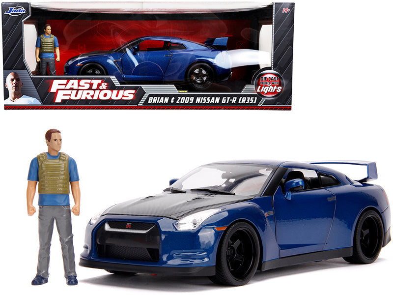 2009 Nissan GT-R (R35) Blue Metallic and Carbon with Lights and Brian Figurine "Fast & Furious" Movie 1/18 Diecast Model Car by Jada  free shipping USA