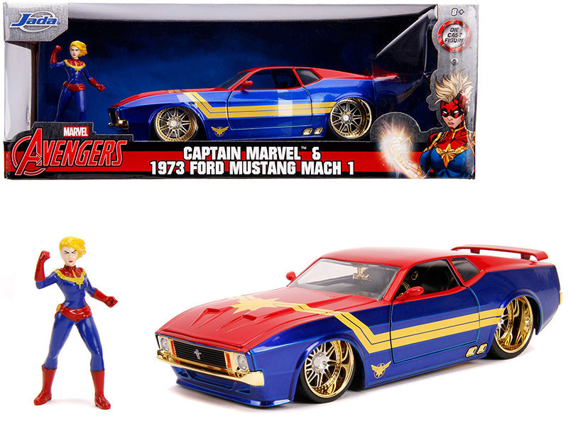 1973 Ford Mustang Mach 1 with Captain Marvel Diecast Figurine "Avengers" "Marvel" Series 1/24 Diecast Model Car by Jada  free shipping USA