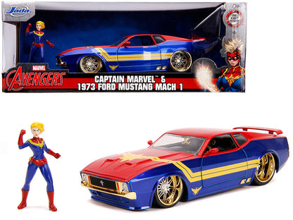 1973 Ford Mustang Mach 1 with Captain Marvel Diecast Figurine "Avengers" "Marvel" Series 1/24 Diecast Model Car by Jada  free shipping USA