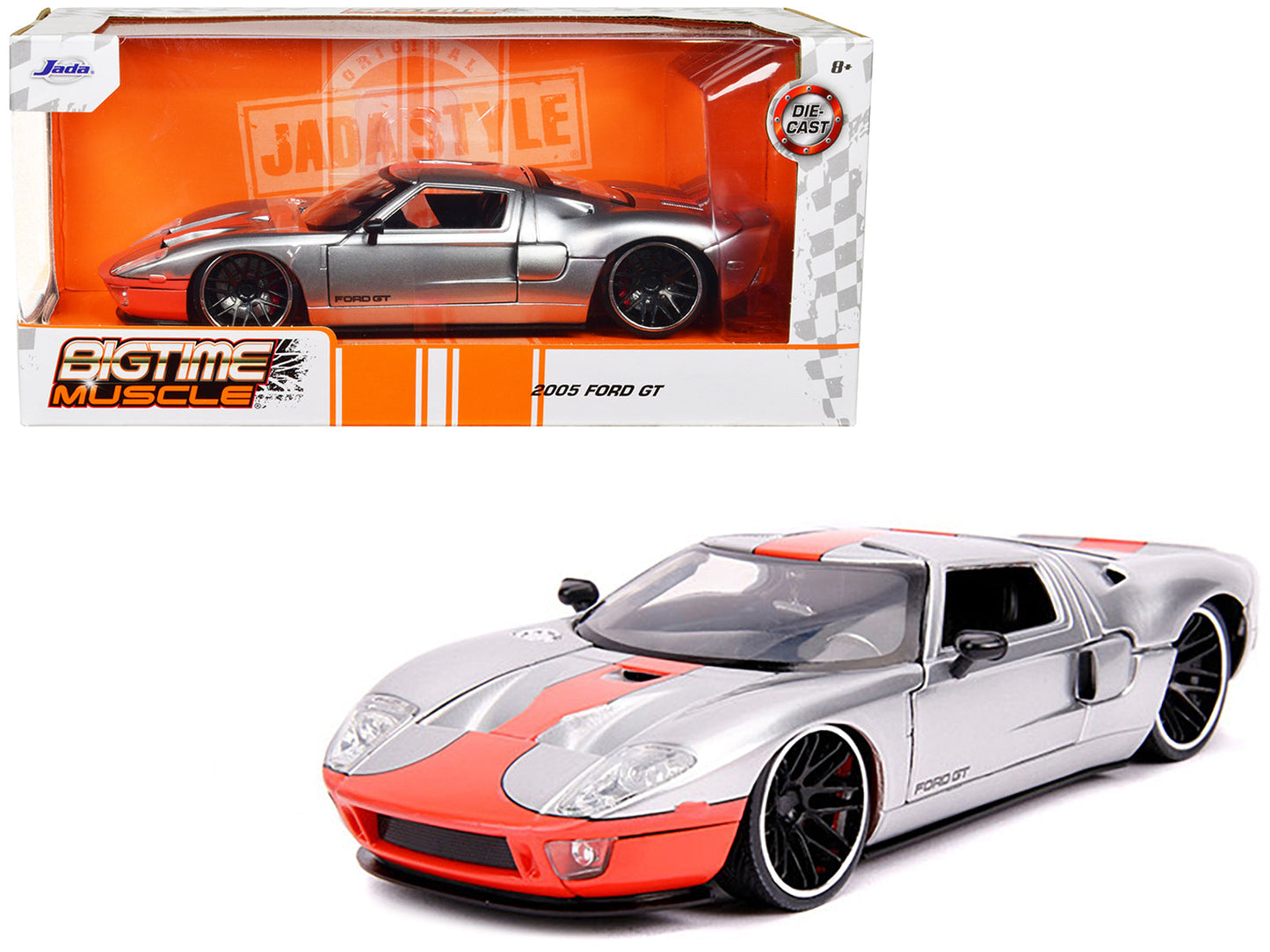 2005 Ford GT Silver with Orange Stripe "Bigtime Muscle" 1/24 Diecast Model Car by Jada  free shipping USA