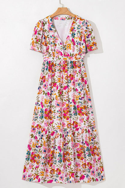 Floral Short Sleeve V Neck Dress with Pockets