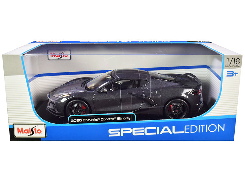 2020 Chevrolet Corvette Stingray C8 Dark Gray Metallic with Racing Stripes 1/18 Diecast Model Car by Maisto  free shipping USA