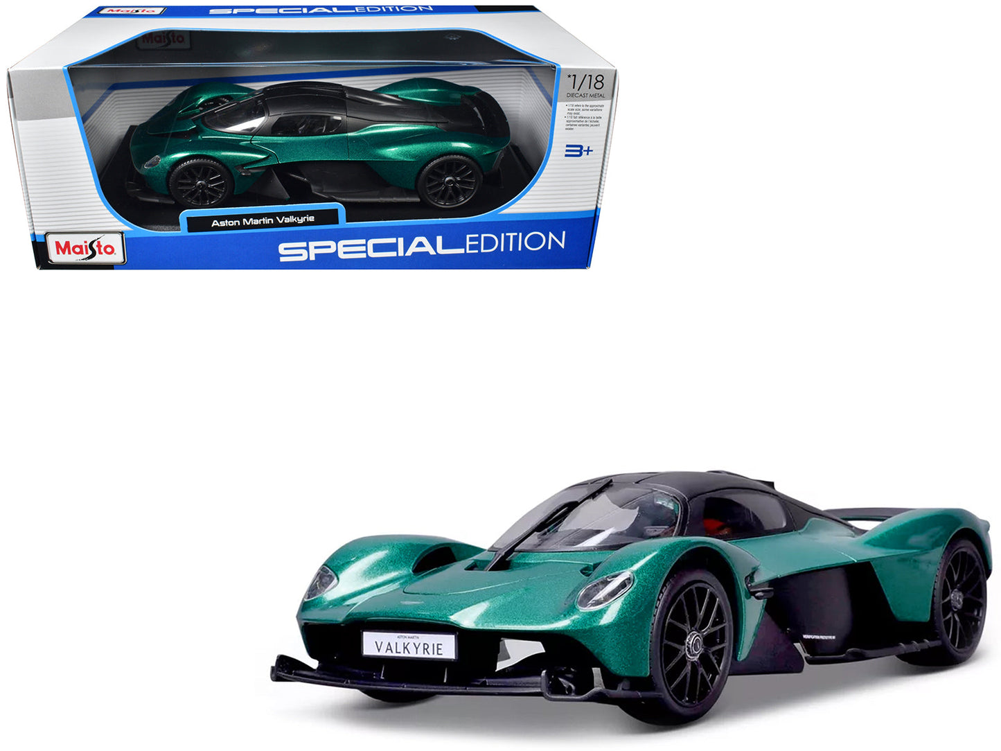 Aston Martin Valkyrie Green Metallic with Matt Black Top "Special Edition" Series 1/18 Diecast Model Car by Maisto  free shipping USA