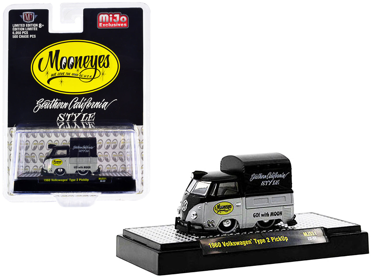 1960 Volkswagen Type 2 Pickup Truck with Canvas Cover "Mooneyes Southern California Style" Black and Gray Limited Edition to 6050 pieces Worldwide 1/64 Diecast Model Car by M2 Machines  free shipping USA