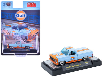 1979 GMC Sierra Classic 15 Pickup Truck "Gulf Oil" Light Blue with Orange Stripe Limited Edition to 10450 pieces Worldwide 1/64 Diecast Model Car by M2 Machines  free shipping USA