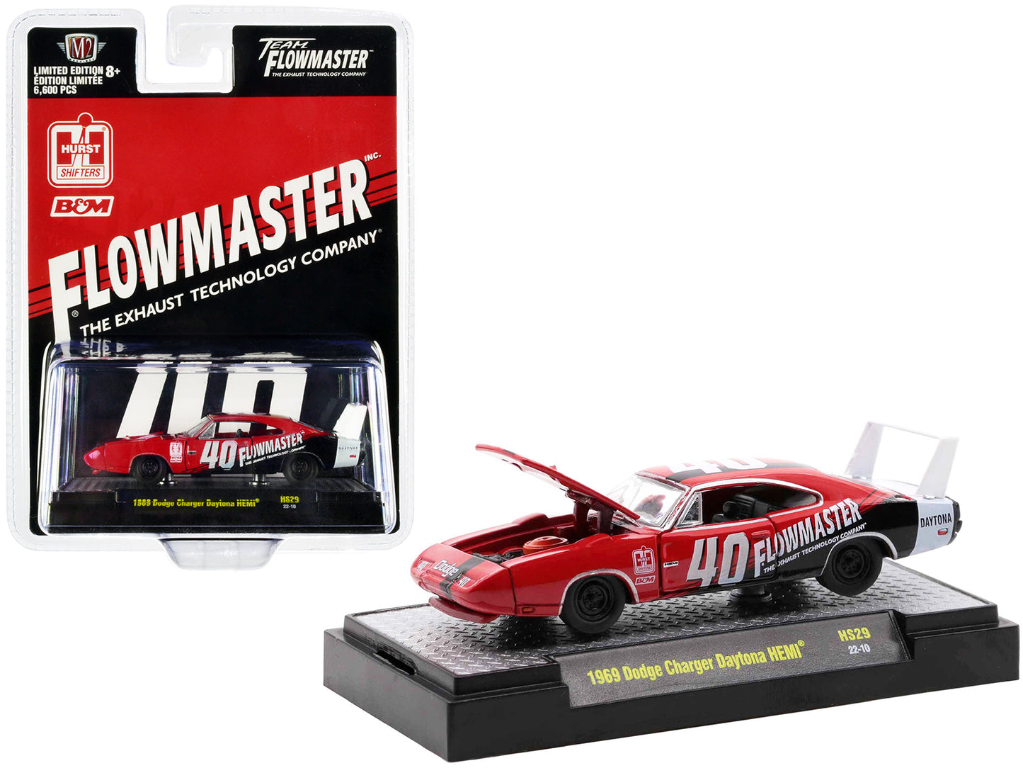 1969 Dodge Charger Daytona HEMI #40 Red with Graphics "Flowmaster" Limited Edition to 6600 pieces Worldwide 1/64 Diecast Model Car by M2 Machines  free shipping USA