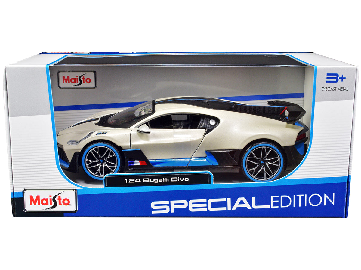 Bugatti Divo Satin White Metallic with Carbon and Blue Accents "Special Edition" 1/24 Diecast Model Car by Maisto  free shipping USA