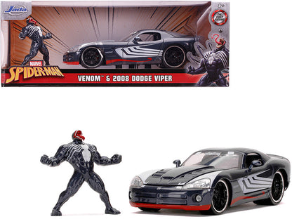 2008 Dodge Viper SRT10 Dark Gray with Venom Diecast Figurine "Spider-Man" "Marvel" Series 1/24 Diecast Model Car by Jada  free shipping USA