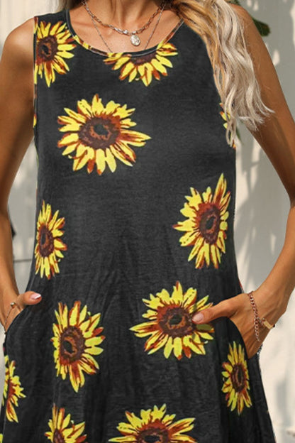 Shiny Printed Round Neck Sleeveless Dress with Pockets