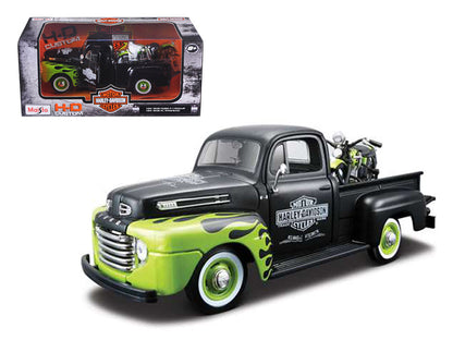 1948 Ford F-1 Pickup Truck "Harley Davidson" with 1948 Harley Davidson FL Panhead Motorcycle Black and Green 1/24 Diecast Models by Maisto  free shipping USA