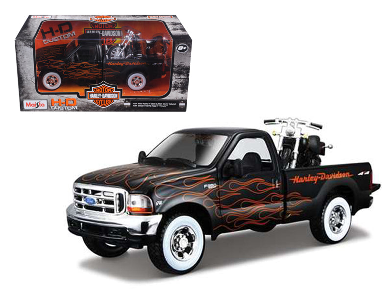 1999 Ford F-350 Super Duty Pickup Black with Flames 1/27 & 2002 Harley Davidson FLSTB Motorcycle Night Train 1/24 Diecast Models by Maisto  free shipping USA