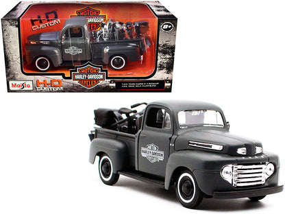 1948 Ford F-1 Pickup Truck and 1942 Harley-Davidson WLA Flathead Motorcycle Matt Dark Gray "Harley-Davidson Custom" 1/24 Diecast Models by Maisto  free shipping USA