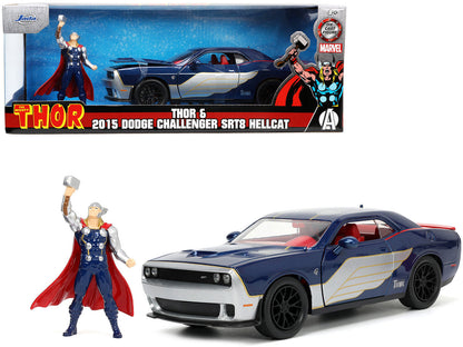 2015 Dodge Challenger SRT Hellcat Dark Blue with Graphics and Red Interior and Thor Diecast Figure "The Mighty Thor" "Marvel" Series 1/24 Diecast Model Car by Jada  free shipping USA