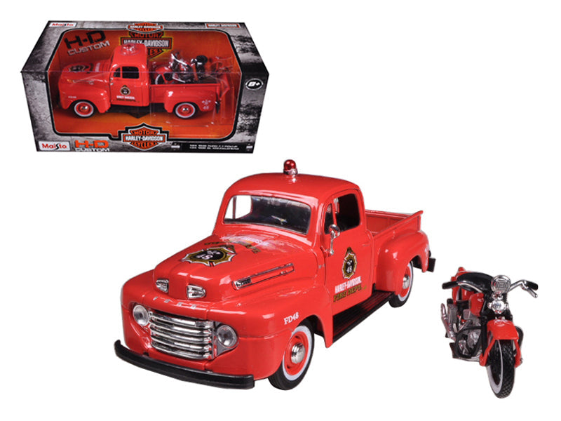 1948 Ford F-1 Pickup Truck "Harley Davidson" Fire Truck and 1936 El Knucklehead Motorcycle 1/24 Diecast Models by Maisto  free shipping USA