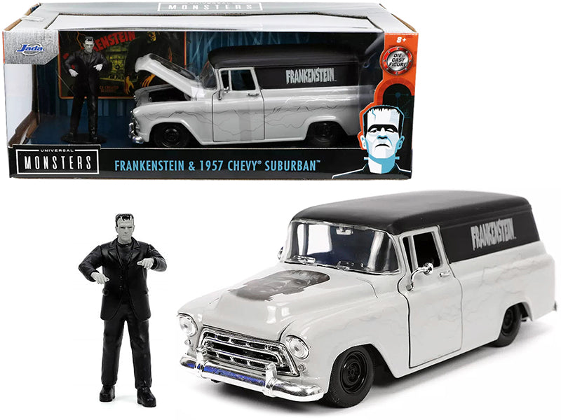 1957 Chevrolet Suburban Gray and Black with Graphics and Frankenstein Diecast Figurine "Universal Monsters" "Hollywood Rides" Series 1/24 Diecast Model Car by Jada  free shipping USA