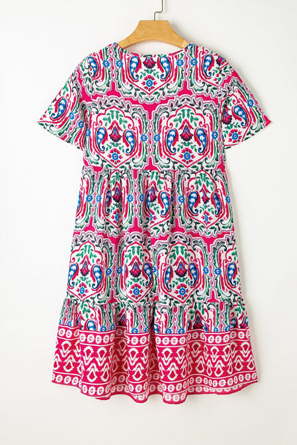 Printed Tie Neck Short Sleeve Dress