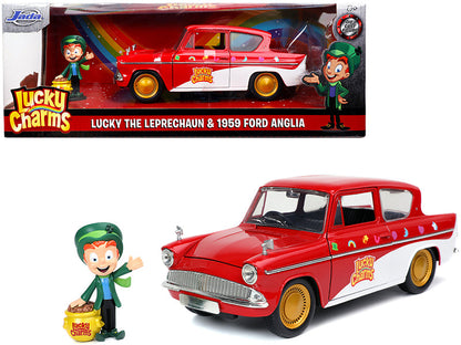 1959 Ford Anglia Red and White with Lucky the Leprechaun Diecast Figurine "Lucky Charms" 1/24 Diecast Model Car by Jada  free shipping USA