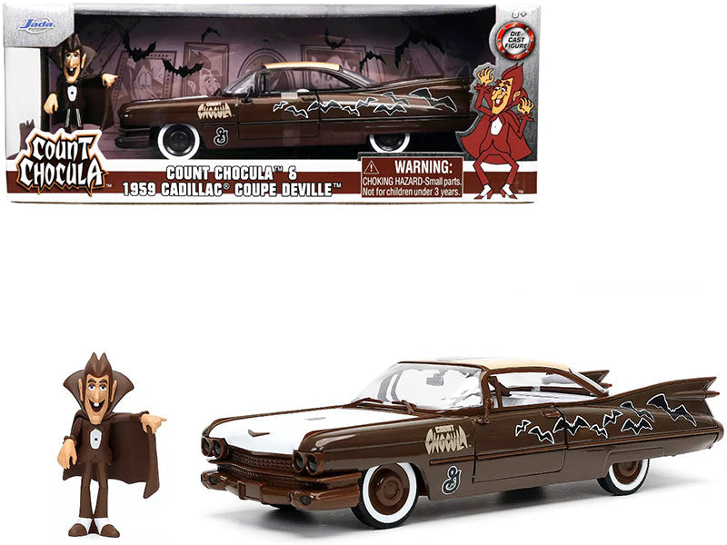 1959 Cadillac Coupe DeVille Brown and White with Graphics and Count Chocula Diecast Figurine "Hollywood Rides" Series 1/24 Diecast Model Car by Jada  free shipping USA