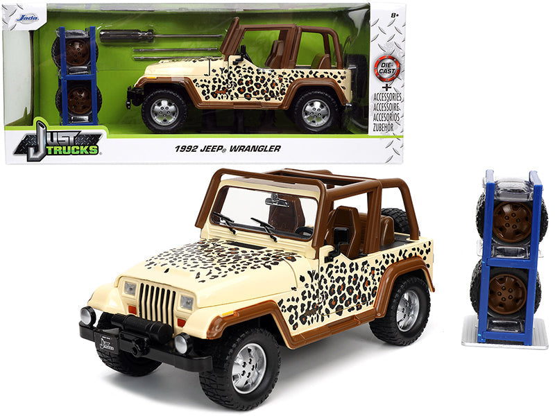 1992 Jeep Wrangler Tan and Brown with Graphics and Extra Wheels "Just Trucks" Series 1/24 Diecast Model Car by Jada  free shipping USA