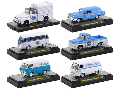 "Auto Trucks" Set of 6 pieces Release 57 "Pan American World Airways" (Pan Am) IN DISPLAY CASES 1/64 Diecast Model Cars by M2 Machines  free shipping USA