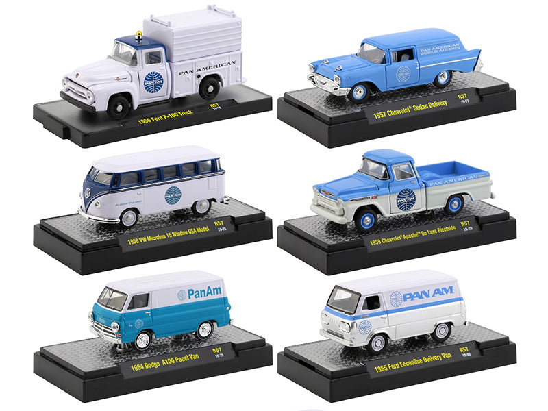 "Auto Trucks" Set of 6 pieces Release 57 "Pan American World Airways" (Pan Am) IN DISPLAY CASES 1/64 Diecast Model Cars by M2 Machines  free shipping USA