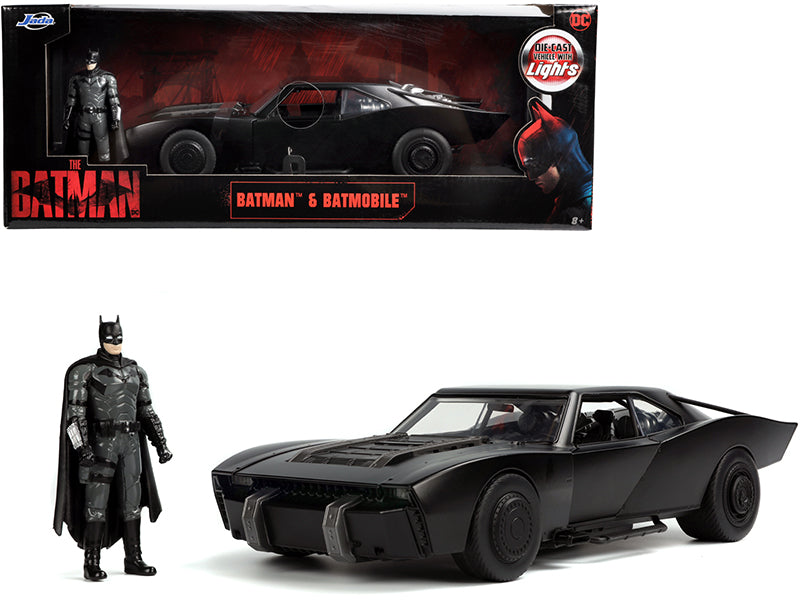 Batmobile Matt Black with Lights with Batman Diecast Figurine "The Batman" (2022) Movie "DC Comics" 1/18 Diecast Model Car by Jada  free shipping USA