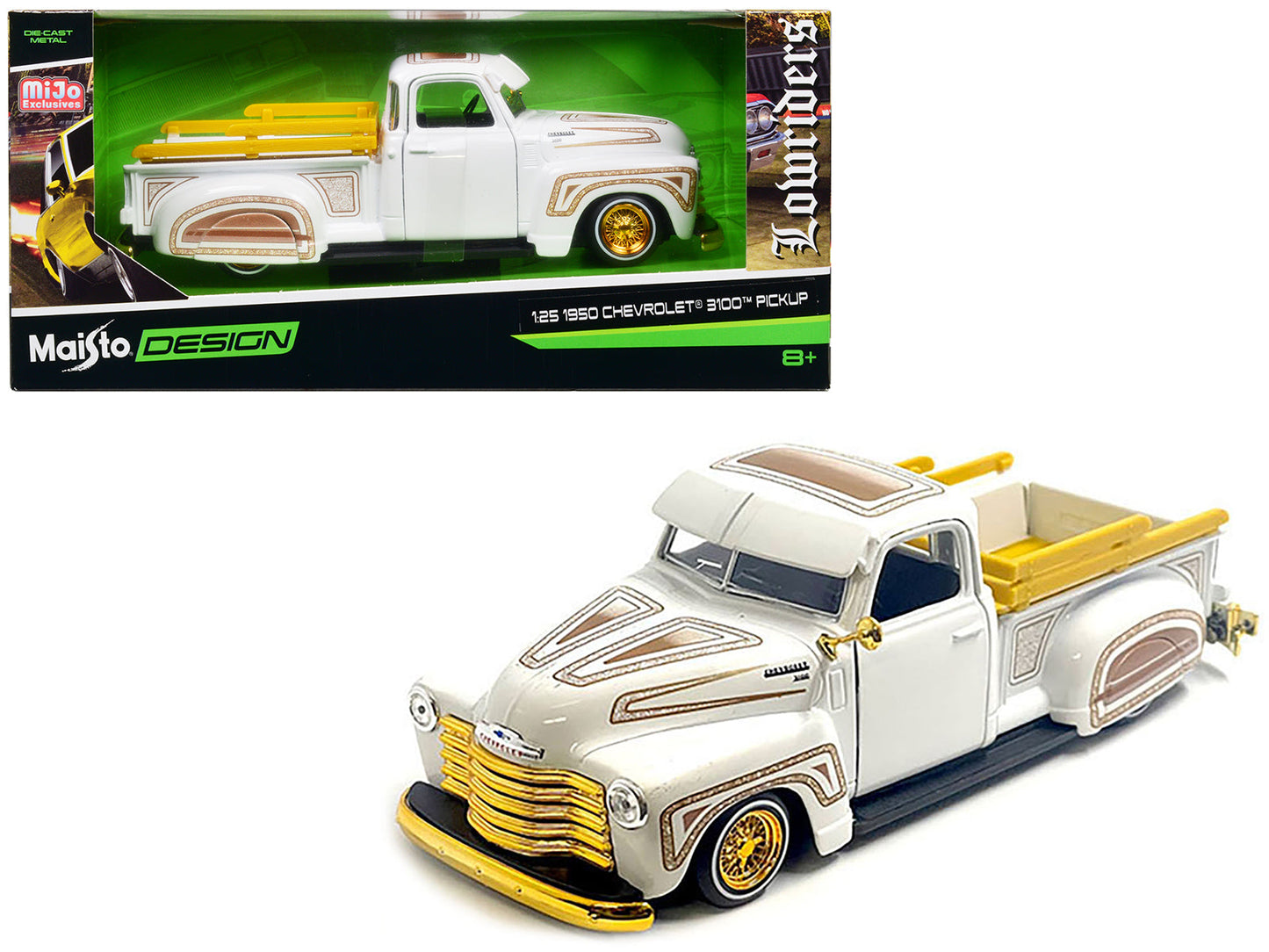 1950 Chevrolet 3100 Pickup Truck Lowrider White with Graphics and Gold Wheels "Lowriders" Series 1/25 Diecast Model Car by Maisto  free shipping USA
