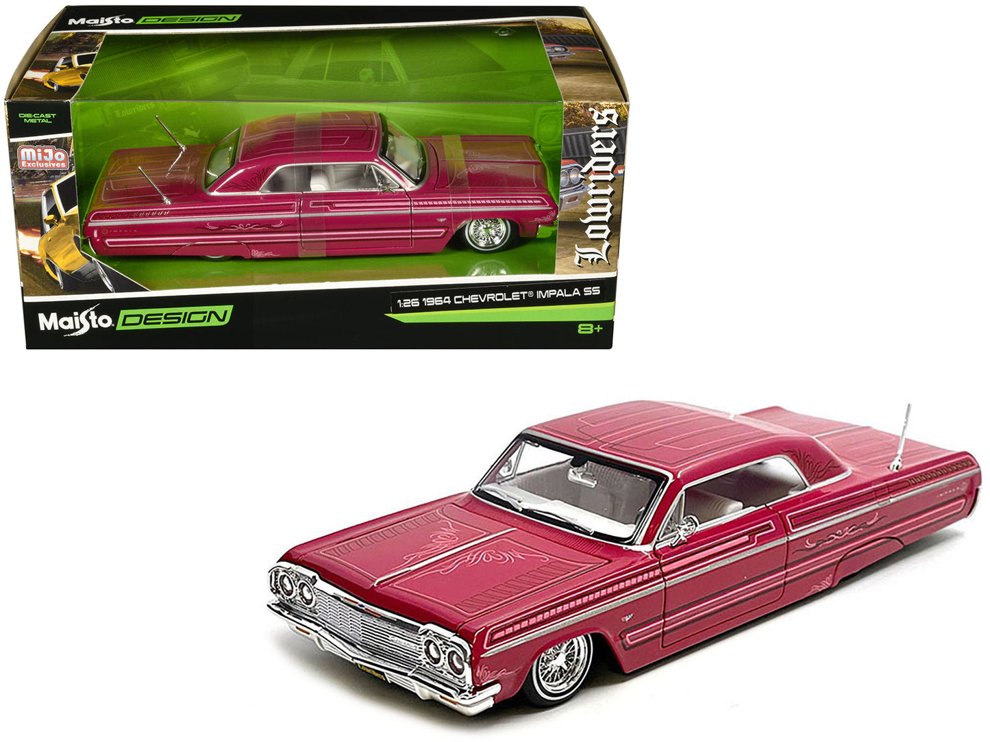 1964 Chevrolet Impala SS Lowrider Pink with Graphics and White Interior "Lowriders" "Maisto Design" Series 1/26 Diecast Model Car by Maisto  free shipping USA