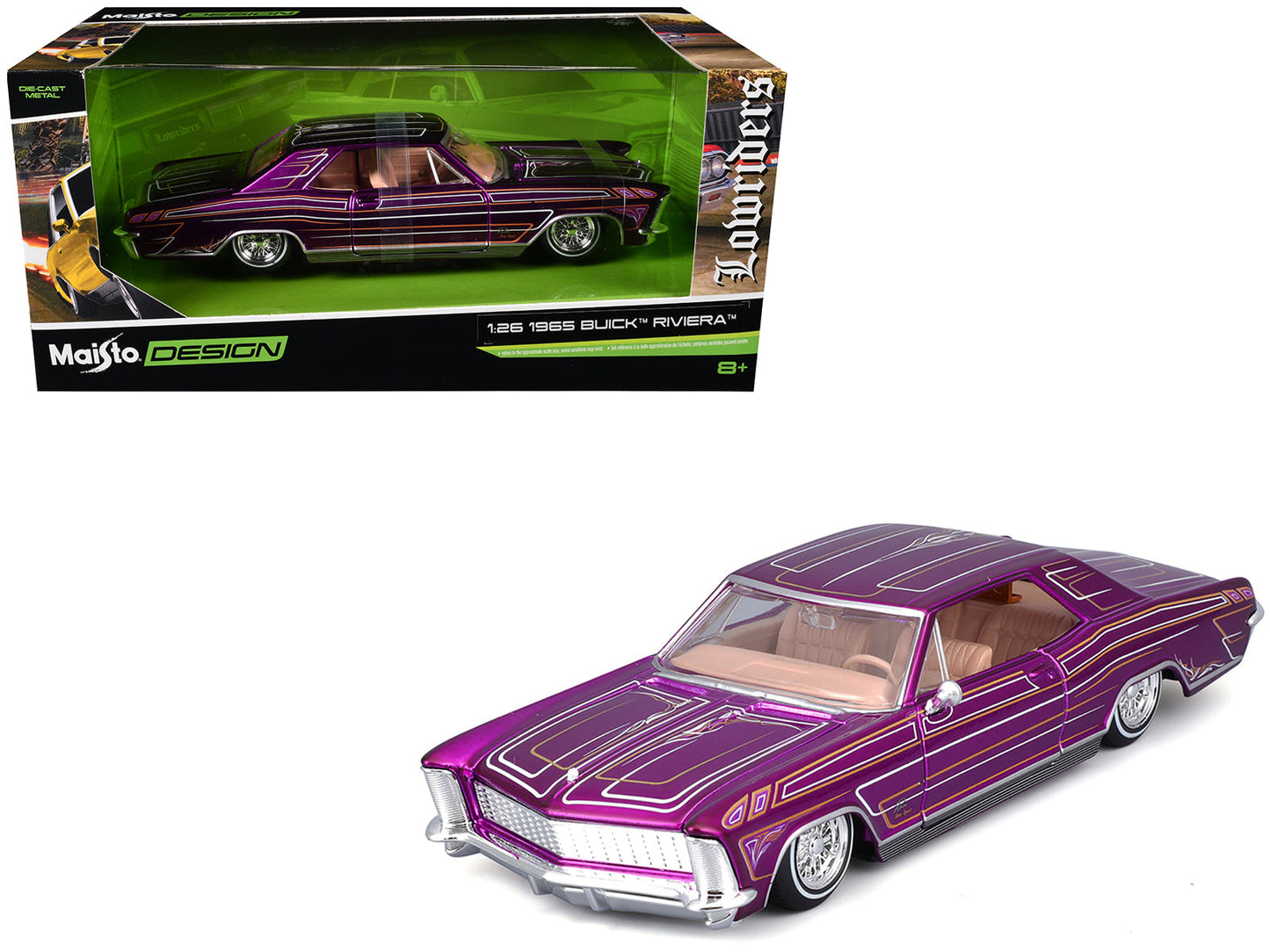 1965 Buick Riviera Lowrider Purple Metallic with Graphics "Lowriders" Series 1/26 Diecast Model Car by Maisto  free shipping USA