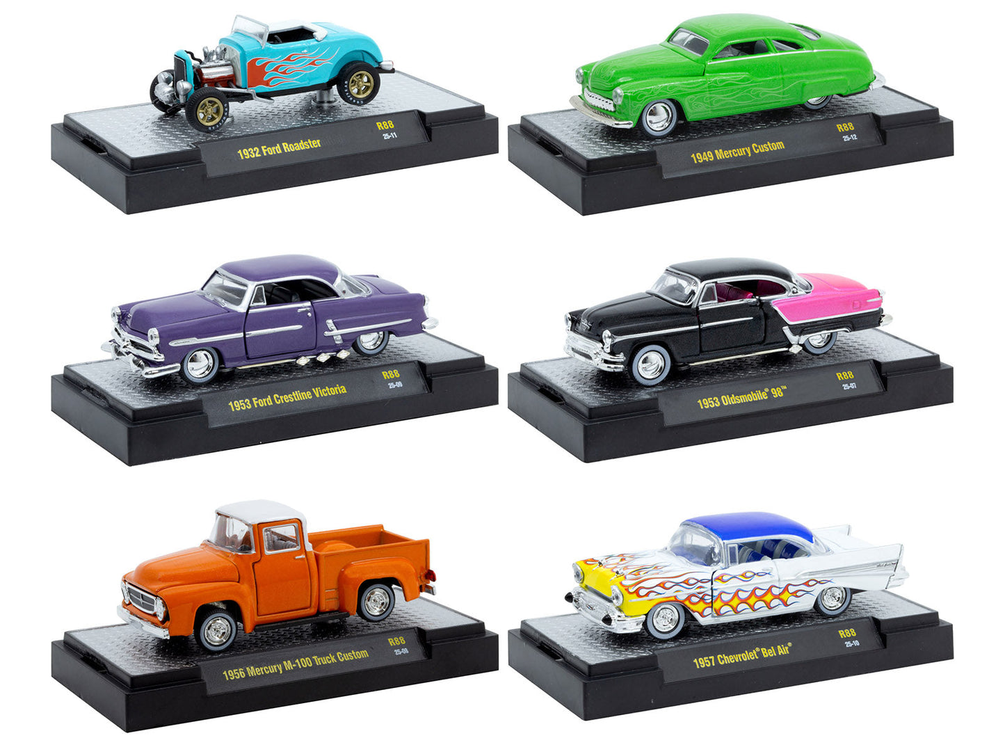"Auto Meets" Set of 6 Cars IN DISPLAY CASES Release 88 Limited Edition 1/64 Diecast Model Cars by M2 Machines  free shipping USA